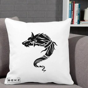Perna Decorativa Lup Tribal Alb-Negru, 40x40 cm, Alba Mata, Husa Detasabila, Perna Inclusa, BEKZ®