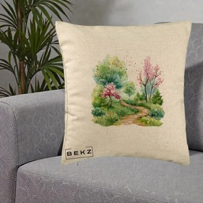Perna Decorativa Gradina Primavara Acuarela, 40x40 cm, Bej, Husa Detasabila, Perna Inclusa, BEKZ®