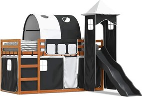 vidaXL Pat supraetajat cu tobogan și perdele, alb și negru, 90x200 cm