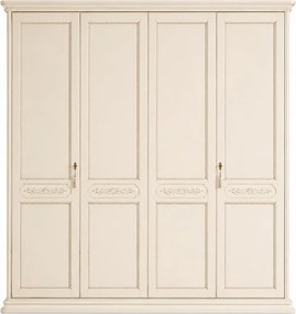Dulap lemn masiv crem 4 Uși Bologna Patinat, 199 × 65 × 240 cm - Cu patru usi cu oglinzi