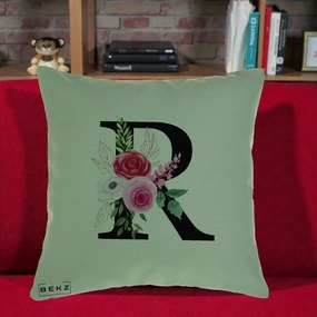 Cadou Personalizat - Perna Personalizata Monograma Florala Litera R, 40x40 cm, Verde, Husa Detasabila, Perna Inclusa, BEKZ®