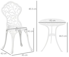 Outsunny Set pentru gradina 3 bucati din aluminiu alb cu design floral, 2 scaune pentru exterior 45x42x85.5 cm si masa rotunda Ø61x66.5 cm | AOSOM RO