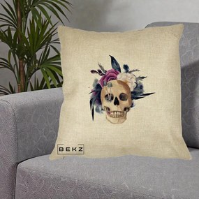Perna Decorativa Craniu Floral cu Trandafiri si Ciuperci, 40x40 cm, Crem, Husa Detasabila, Perna Inclusa, BEKZ®