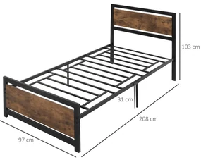 Cadru de Pat de o Persoana HOMCOM din Lemn si Otel 90x200cm, Sipci Integrate, Tablie de Cap si Tablie Picioare in Stil Industrial | Aosom Romania