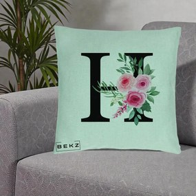Cadou Personalizat - Perna Personalizata Monograma Florala Litera H cu Trandafiri Roz, 40x40 cm, Verde Menta, Husa Detasabila, Perna Inclusa, BEKZ®