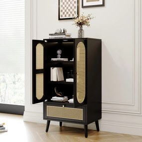 Comodă compactă, design din ratan, 2 uși, 1 sertar, 60×40×110,5 cm, Negru