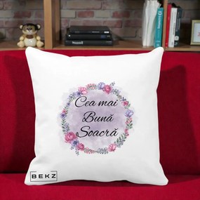 Cadou pentru Soacra - Perna Personalizata Cea mai Buna Soacra cu Coronita Flori Roz si Mov, 40x40 cm, Alba Mata, Husa Detasabila, Perna Inclusa, BEKZ®