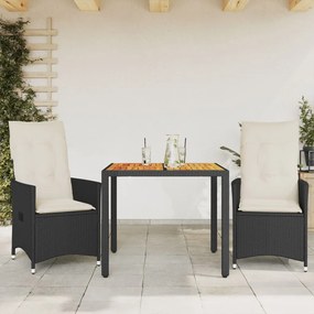 vidaXL Set bistro cu perne, 3 piese, negru, poliratan și acacia