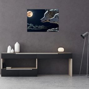 Tablou pe sticlă cu lupi în lună (70x50 cm)