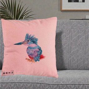 Perna Decorativa Pasare Martin Pescar Acuarela Albastru-Mov, 40x40 cm, Roz, Husa Detasabila, Perna Inclusa, BEKZ®