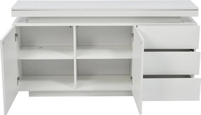 Comodă modernă cu finisaj lucios, fronturi fără mânere, 2 uși și 3 sertare, 140x35x72,5 cm, Alb