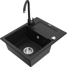 Mexen Enzo chiuvetă de bucătărie din granit 1-cameră cu scurgător și baterie de bucătărie Telma, negru - 6506-77-670200-70