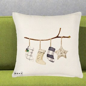 Perna Decorativa Ciorapi de Craciun pe Ramura, 40x40 cm, Crem Reliefat, Husa Detasabila, Perna Inclusa, BEKZ®