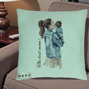 Cadou pentru Mama - Perna Personalizata The Best Mom Jachete, 40x40 cm, Verde Menta, Husa Detasabila, Perna Inclusa, BEKZ®