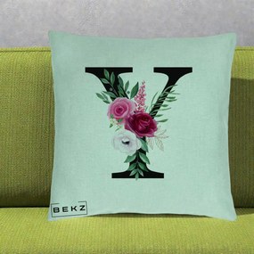 Cadou Personalizat - Perna Personalizata Monograma Florala Litera Y cu Buchet, 40x40 cm, Verde Menta, Husa Detasabila, Perna Inclusa, BEKZ®