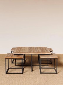 Măsuță de cafea cu scaune, pătrată, din lemn de tec, natur, set cu 4 taburete și cadru din metal negru, 40 x 90 x 90 cm, „Pocket”