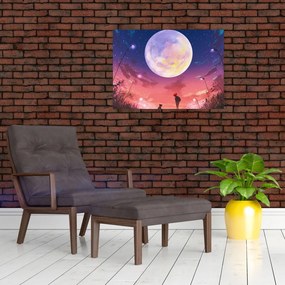 Tablou pe sticlă - Femeie și câine pe lună plină (70x50 cm)