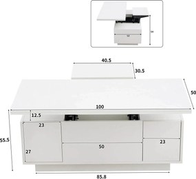 Masă de cafea modernă, multifuncțională, cu mecanism dublu de ridicare și spațiu de depozitare ascuns, 100×50×43 cm, Alb