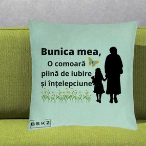 Cadou pentru Bunica - Perna Personalizata Bunica Mea Comoara Iubire Intelepciune Varianta Extinsa, 40x40 cm, Verde Menta, Husa Detasabila, Perna Inclusa, BEKZ®