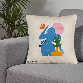 Perna Decorativa Femeie Albastra Cactus, 40x40 cm, Bej Canapea, Husa Detasabila, Perna Inclusa, BEKZ®
