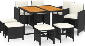 vidaXL Set mobilier de grădină cu perne, 9 piese, negru, poliratan