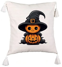 Perna Decorativa cu Franjuri cu motiv de Halloween 1, 45x45 cm, Ecru, Cu fermoar