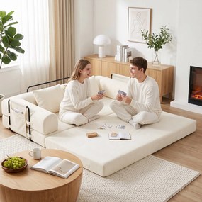 HOMCOM Canapea extensibilă 3 locuri 5 în 1, pliabilă, cu 2 perne din chenille, umplutură groasă, fără montaj, alb | Aosom Romania
