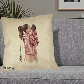 Cadou pentru Mama - Perna Personalizata Super Mom Jachete Roz, 40x40 cm, Crem, Husa Detasabila, Perna Inclusa, BEKZ®
