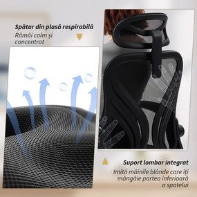 HOMCOM Scaun de Birou Ergonomic cu Brațe Rabatabile și Spătar Pliabil, Scaun de Birou cu Funcție Balansoar, Tetieră Reglabilă, Șezut Rotativ, Negru | Aosom Romania