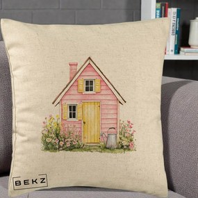 Perna Decorativa Casuta Roz Acuarela cu Gradina, 40x40 cm, Bej, Husa Detasabila, Perna Inclusa, BEKZ®