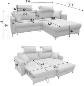 Colțar extensibil HORTA, în formă de L, cu spațiu de depozitare, pe partea dreaptă, gri