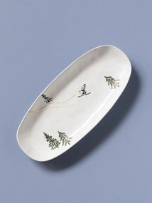 Platou de servire din ceramică albă, formă ovală, cu motive de iarnă pictate manual, 3,5 × 30,5 × 13 cm, „Slalom"