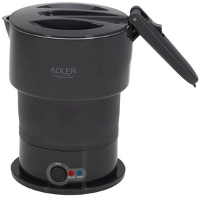 Fierbator pentru calatorii Adler AD 1377, 600W, 0,6 l, Corp pliabil din silicon, Protectie la supraincalzire, Indicator luminos, Gri/Negru