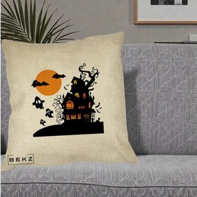 Perna Decorativa Halloween Casa Bantuita cu Fantome, 40x40 cm, Crem, Husa Detasabila, Perna Inclusa, BEKZ®