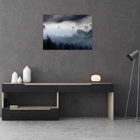 Tablou pe sticlă cu ceță deasupra pădurii (70x50 cm)