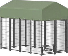 PawHut Țarc pentru Câini de Exterior din Oțel cu Acoperiș din Material Oxford, Anti-UV, Impermeabil, 2 Boluri, Verde | Aosom Romania