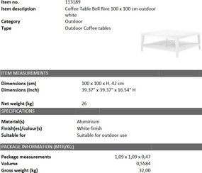 Masuta pentru interior si exterior Bell Rive alb, 100x100cm 113189 HZ