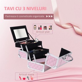 HOMCOM Trusa Machiaj  Profesionala, Beauty Case pentru Make Up cu Profile din Aluminiu, Maner si Tava in Consola, 20x15x15cm, Roz | Aosom Romania