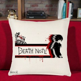 Perna Personalizata Death Note L Lawliet Rosu-Negru, 40x40 cm, Crem Reliefat, Husa Detasabila, Perna Inclusa, BEKZ®