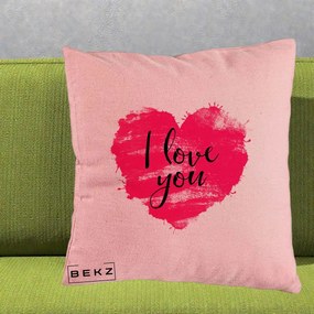 Cadou Romantic - Perna Personalizata I Love You Inima Roz, 40x40 cm, Roz, Husa Detasabila, Perna Inclusa, BEKZ®