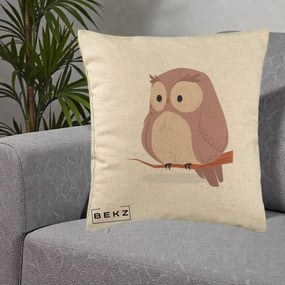 Perna Decorativa Bufnita Kawaii pe Creanga, 40x40 cm, Bej, Husa Detasabila, Perna Inclusa, BEKZ®