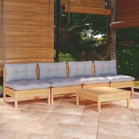 vidaXL Set mobilier grădină cu perne gri, 5 piese, lemn masiv de pin