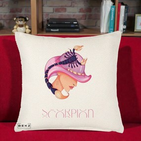 Perna Personalizata Zodiac Scorpion Cowgirl, 40x40 cm, Crem Reliefat, Husa Detasabila, Perna Inclusa, BEKZ®
