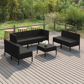 Set mobilier de gradina cu perne, 8 piese, negru, poliratan 2x colt + 5x mijloc + masa, 1