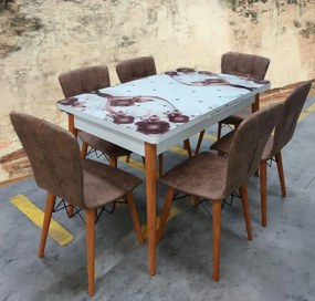 Set masa extensibila picioare lemn, blat sticla securizata +6 scaune tapitate Fusion Homs maro 80x 170 cm