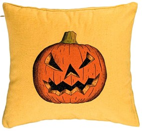 Perna Decorativa cu motiv Dovleac de Halloween 2, 40x40 cm, Galben, Husa Detasabila, Burduf