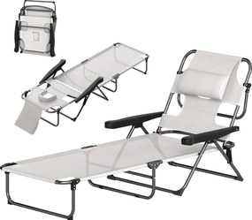 Outsunny Șezlong de grădină pliabil, spătar reglabil pe 4 niveluri, orificiu pentru lectură și suport pentru cap 72 x 194 x 89 cm crem | Aosom Romania