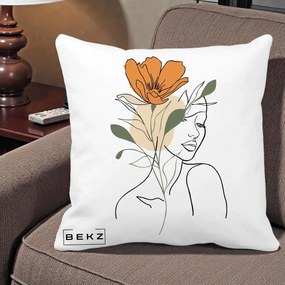 Perna Decorativa Portret Feminin Floare Portocalie, 40x40 cm, Alba Mata, Husa Detasabila, Perna Inclusa, BEKZ®