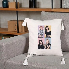 Perna Personalizata K-pop BLACKPINK Negru, 40x40 cm, Bej cu Franjuri, Husa Detasabila, Perna Inclusa, BEKZ®
