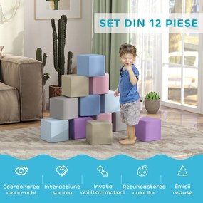 HOMCOM Set 12 Cuburi de Jucărie Moi pentru Copii 12-36 Luni, 20x20x20 cm, Multicolor Deschis | Aosom Romania